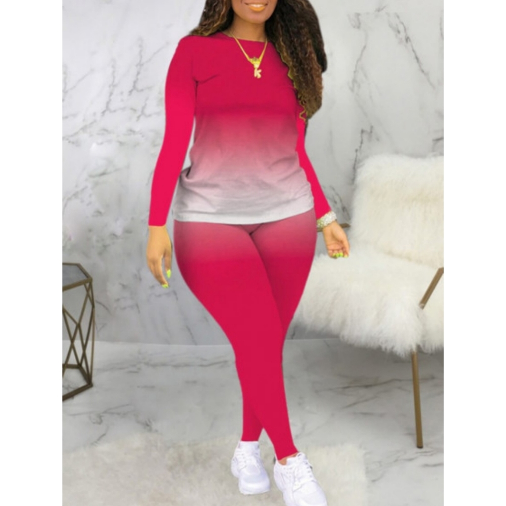 Plus size two piece pink ombre outfit. Long sleeve top and leggings.